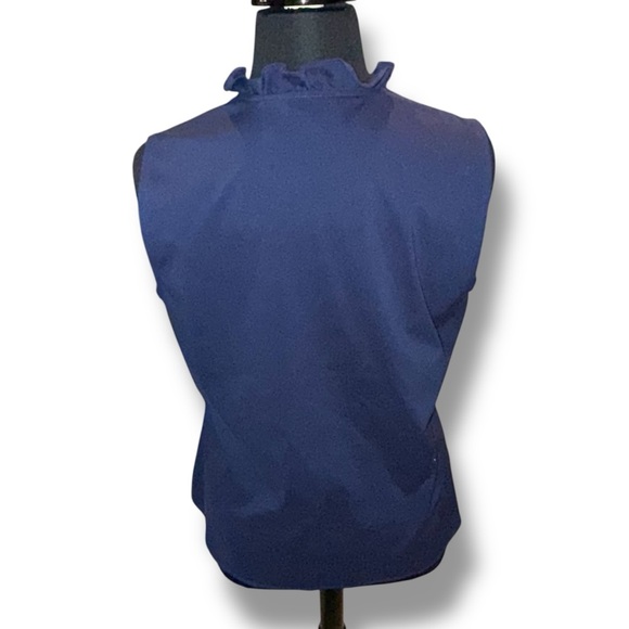 FOXCROFT Gwen Ruffle Non-Iron Stretch Button-Up Sleeveless Shirt Navy 18 - Picture 4 of 13